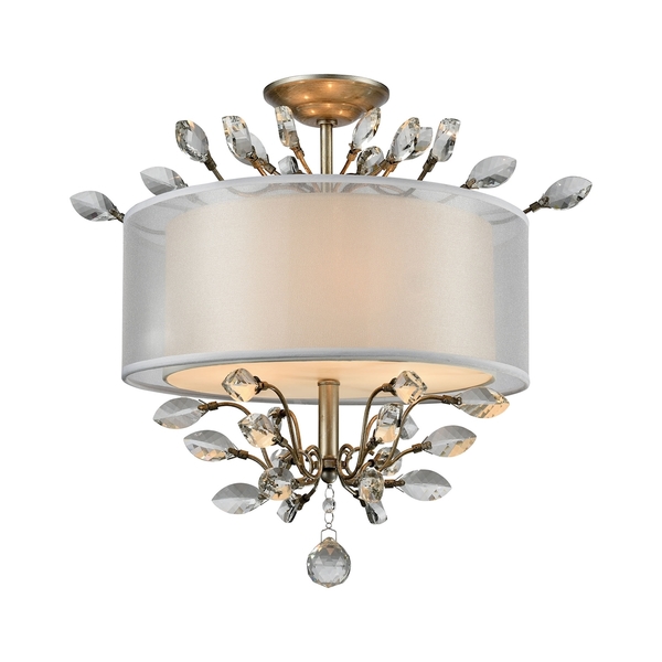 Elk Lighting Asbury 3-Light Semi Flush in Aged Silver with Organza and Fabric Shade 16281/3